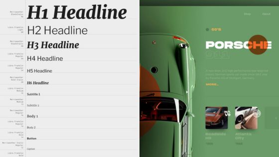 Typography examples and a Porsche website design with detailed headings and sleek visual elements split in half vertically.