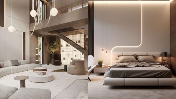 Modern minimalist living room with grey seating and stylish bedroom with elegant lighting. Contemporary interior design.
