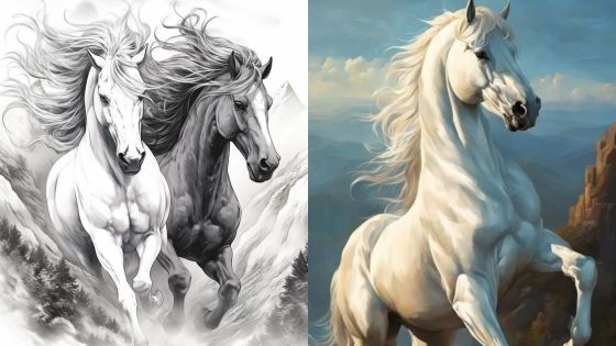 Stunning digital art of three majestic horses running through a mountain landscape, showcasing dynamic movement and strength.