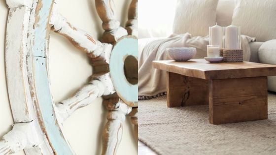 Rustic wood decor featuring a wagon wheel and wooden coffee table with candles, creating a cozy living room ambiance.