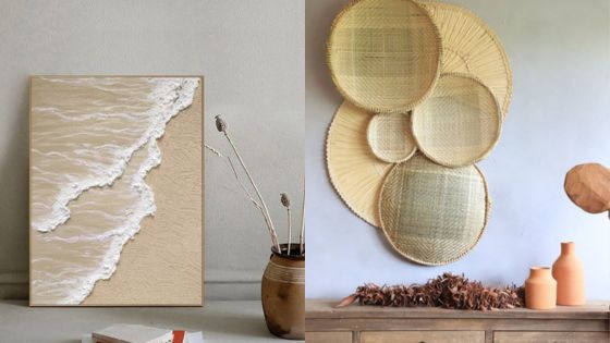 Minimalist beach art print and decorative woven baskets on a neutral wall, creating a calm and natural home decor vibe.