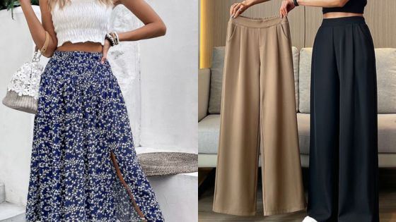 Floral print skirt and wide-leg pants showcase stylish summer and casual wear options for women.