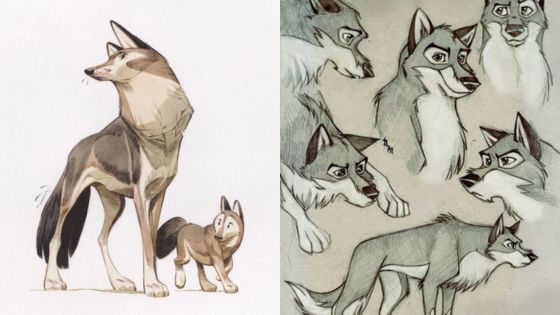 Illustration of wolves with one side showing two wolves and the other side displaying multiple wolf facial sketches.