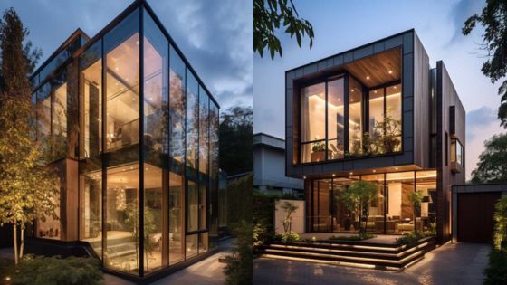 Modern glass houses at dusk with illuminated interiors and lush landscaping, showcasing contemporary architecture and design.