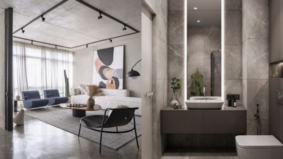 Modern living room and bathroom with minimalist design, featuring stylish furniture and contemporary decor elements.