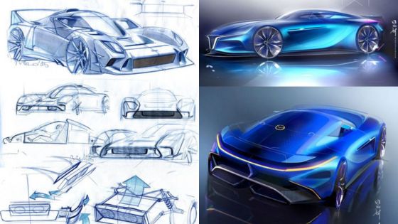 Concept car designs and sketches showcasing futuristic and sleek blue cars with aerodynamic shapes and innovative features.