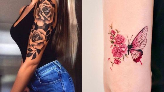 Woman with a detailed rose arm tattoo and a colorful butterfly with roses tattoo on the forearm.