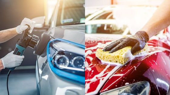 Car detailing process: left side shows polishing with buffer machine on silver vehicle, right side shows hand wash on red car.