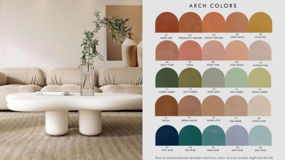 Modern living room with minimalist furniture and neutral tones alongside an arch color palette chart featuring various earth tones.