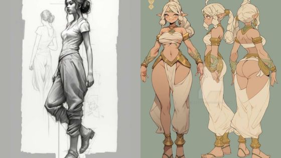 Concept art of two female characters, left in casual attire and right in fantasy attire with three views.