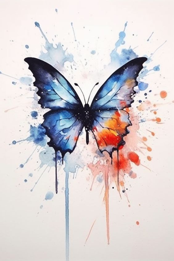 Watercolor butterfly art with vibrant blue and orange splashes on a white background. Perfect for decoration or inspiration.