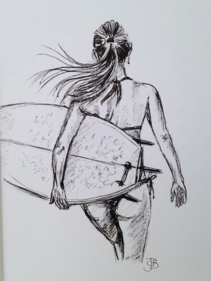 Sketch of a woman with a surfboard, walking forward, seen from behind. Her hair is tied in a ponytail.