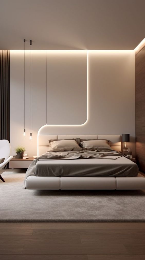 Modern bedroom with minimalist design, sleek furniture, ambient lighting, and cozy bedding for a comfortable and elegant feel.