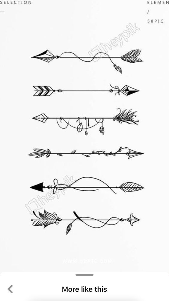 Set of six decorative black and white arrow designs with unique intricate patterns on a white background.