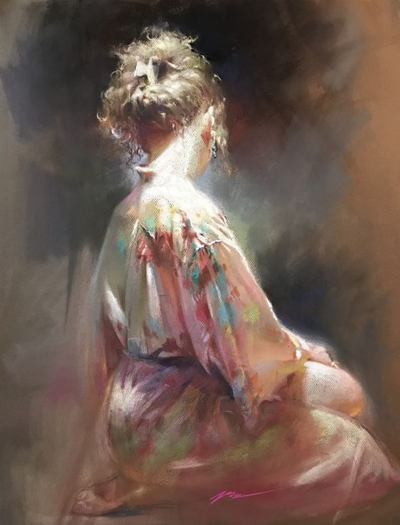 A beautiful impressionist painting of a woman facing away, dressed in a pastel floral gown, in soft ambient lighting.