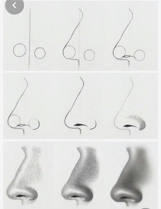 Step-by-step nose drawing tutorial showing the progression from basic shapes to detailed shading.