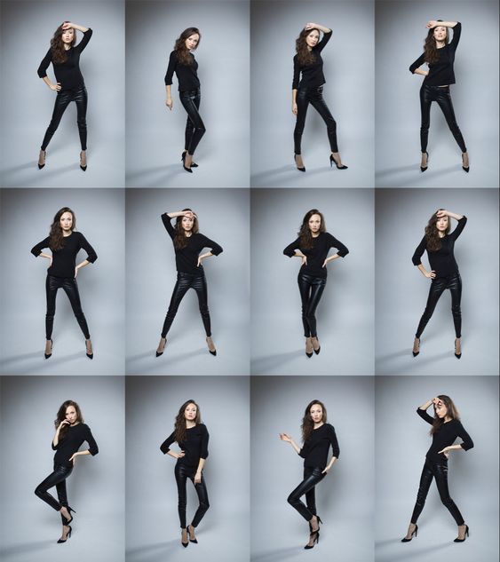 Woman in various poses wearing black outfit and heels on a gray background, showcasing fashion versatility and style.