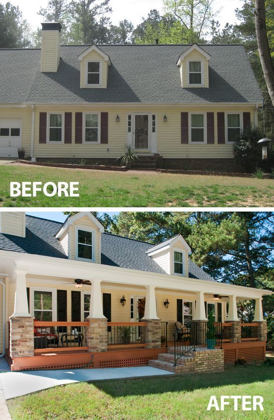 Before and after home renovation showcasing new front porch addition with columns and outdoor seating.