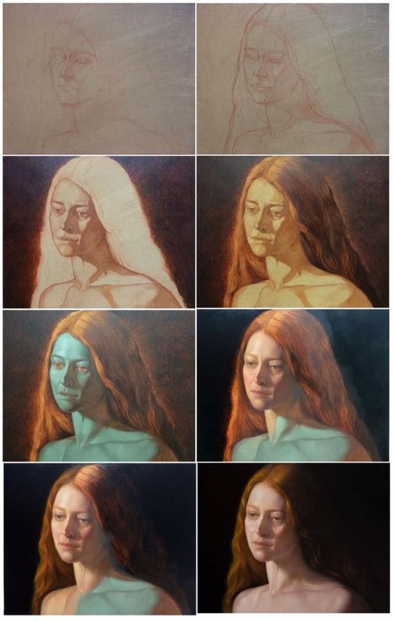 Step-by-step portrait painting progression from drawing to detailed completion of a red-haired woman with serene expression.