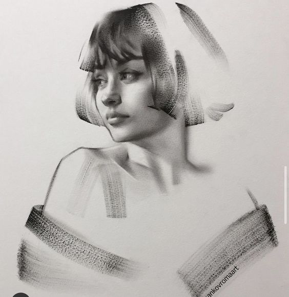 Artistic black and white sketch of a young woman with short hair, gazing thoughtfully to the side.