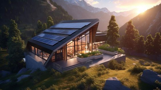 Modern eco-friendly house with solar panels, located in a scenic mountain landscape at sunset. Sustainable architecture.