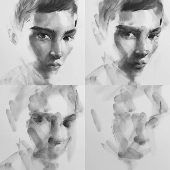 Abstract grayscale human portraits showing progressive facial blur effect, enhancing modern art aesthetics.