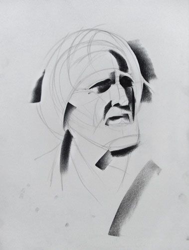 Sketch portrait of an elderly person with abstract shading and outlines on a simple background. Pencil drawing, art sketch.