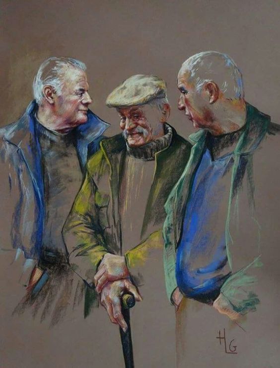 Illustration of three elderly men conversing, featuring vibrant colors and detailed expressions. Realistic art by HG.