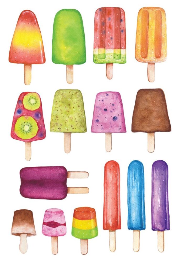 Colorful watercolor popsicles in various shapes and flavors, including fruity, chocolate, and layered varieties on sticks.