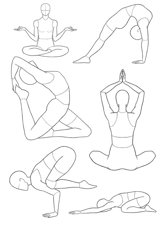 Line art illustration of six different yoga poses, including meditation, backbend, seated twist, child's pose, and arm balance.