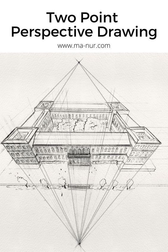 Two-point perspective drawing of a building with precise geometric lines, showcasing architectural techniques and depth.