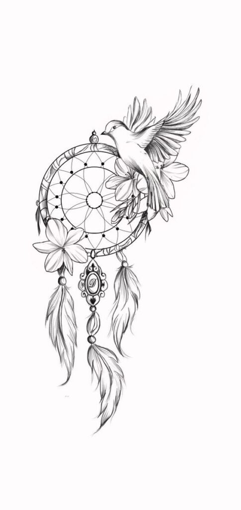 Black and white illustration of a dreamcatcher adorned with flowers and feathers, featuring a bird in flight.