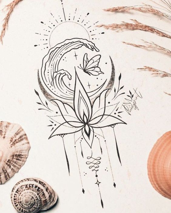 Intricate tattoo sketch of a lotus, wave, and butterfly, with seashells and rustic elements. Perfect for nature-inspired ink.