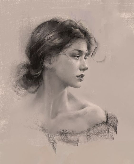 Artistic portrait of a woman in grayscale, looking to the side with an expression of contemplation, soft brush strokes.