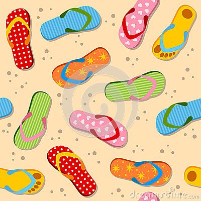 Colorful flip-flops scattered on sandy beach background, featuring various fun patterns and bright, summery designs.