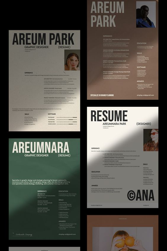 Colorful graphic designer resumes for Areum Park and Areumnara Park, showcasing skills, experience, education, and photos.