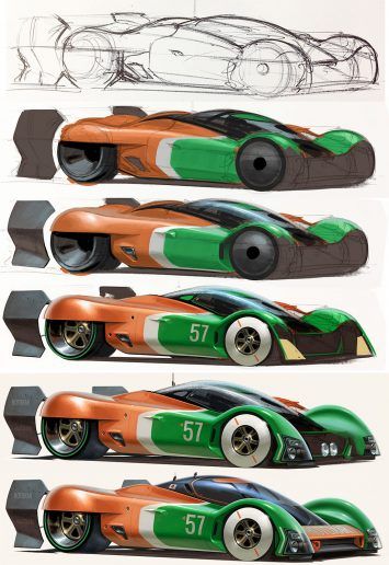 Five stage car design process showing the evolution from sketch to colored, detailed race car with number 57 on it.