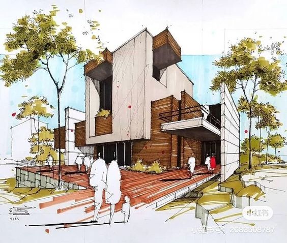 Architectural sketch of a contemporary house with a modern design, surrounded by trees and people walking by.