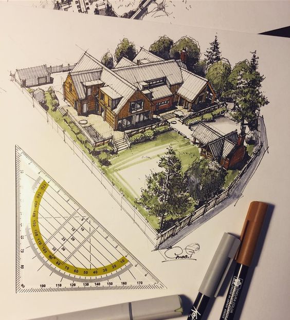 Architectural sketch of a modern house, complete with trees and garden, adjacent to pens and protractor on a drafting table.