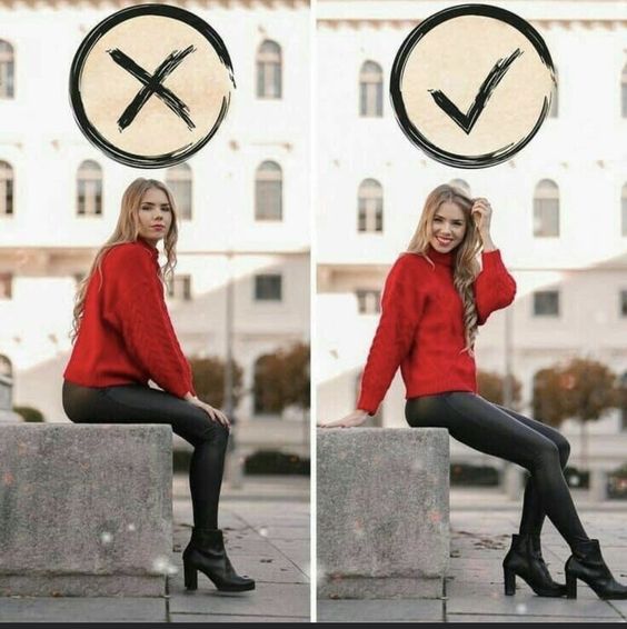 Comparison of incorrect and correct posture: sitting woman in red sweater, left posture wrong (X), right posture correct (✓).