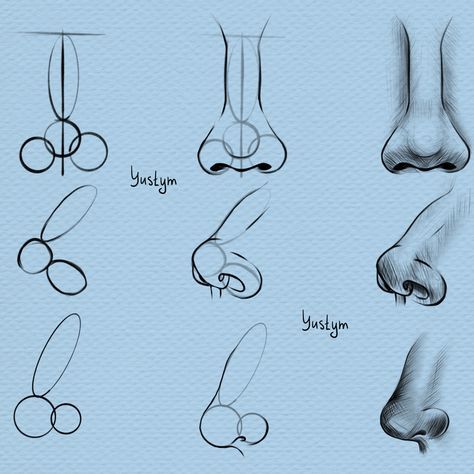 Step-by-step nose drawing guide on a blue background, showcasing eight stages of sketching and shading techniques.