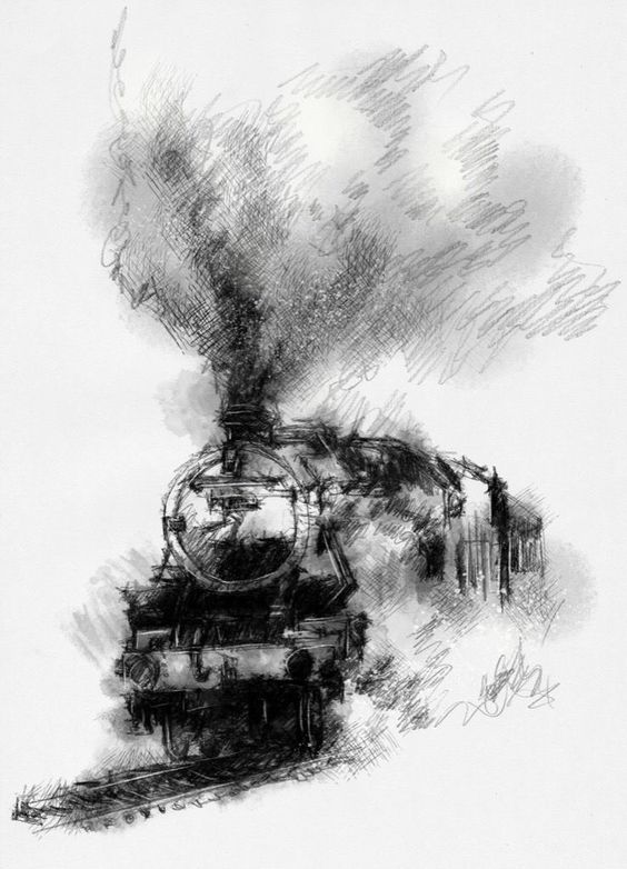 Black and white sketch of a steam locomotive with smoke billowing from its chimney, capturing motion and vintage charm.