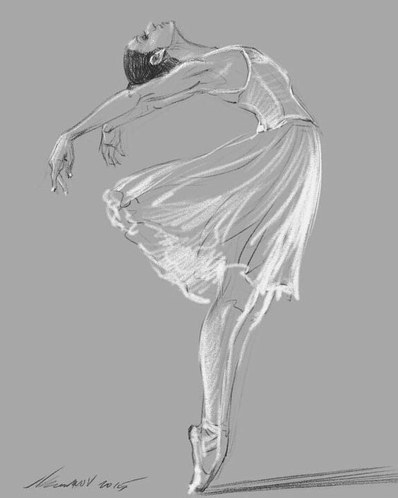 Sketch of a graceful ballerina in a flowing dress, arching her back in a poised ballet position on pointe.