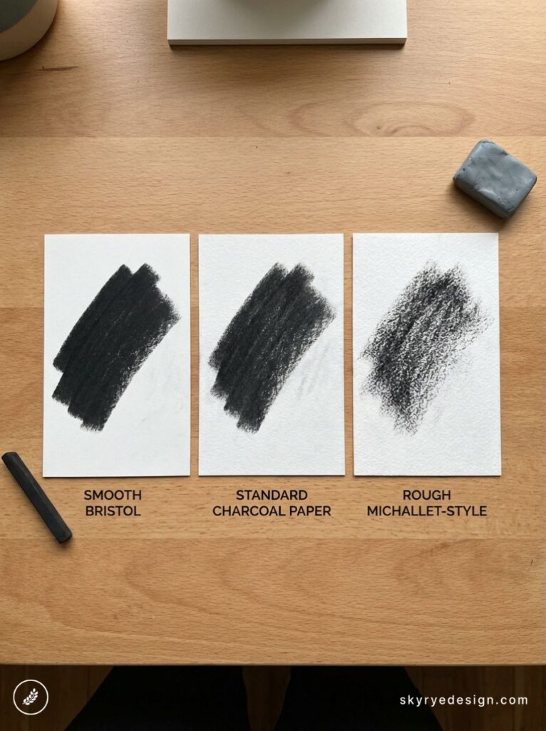 Charcoal shading comparison on three papers: Smooth Bristol, Standard Charcoal Paper, Rough Michallet-style on wooden desk