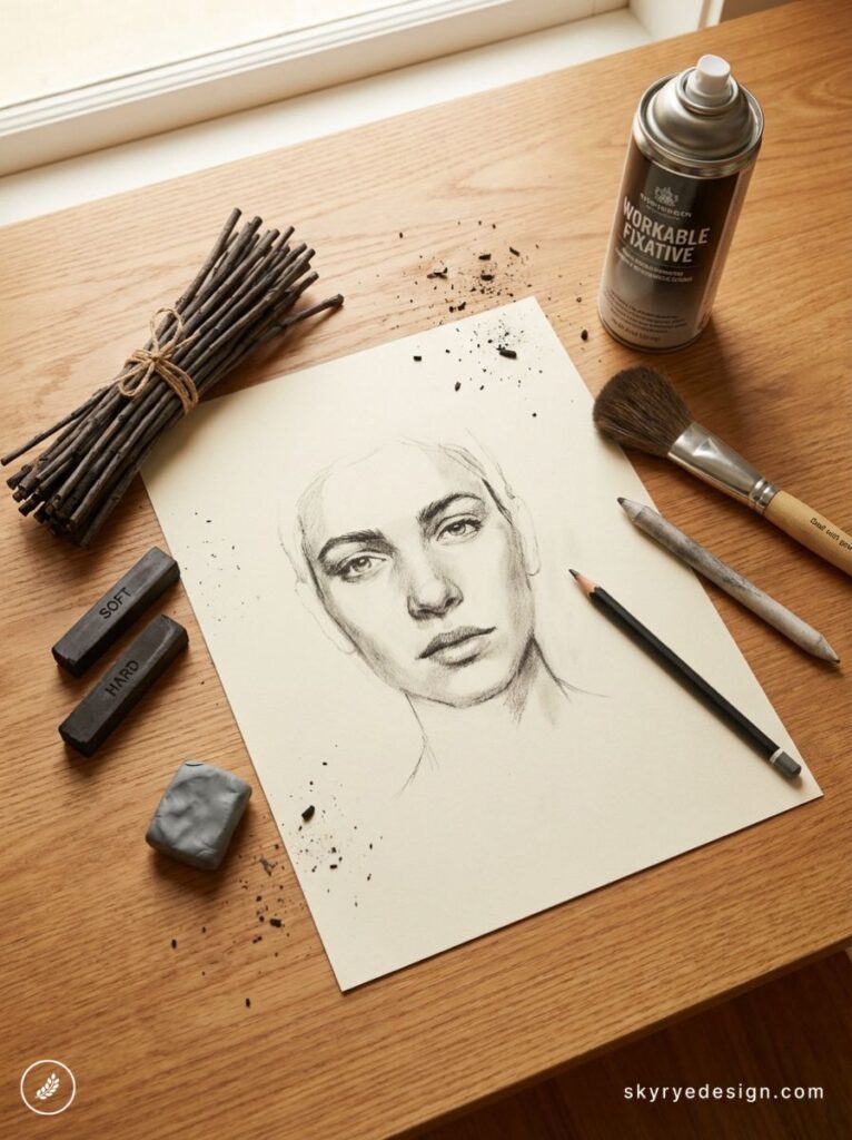 Charcoal portrait sketch with pencil, blending stump, charcoal sticks, eraser, brush and workable fixative on wood