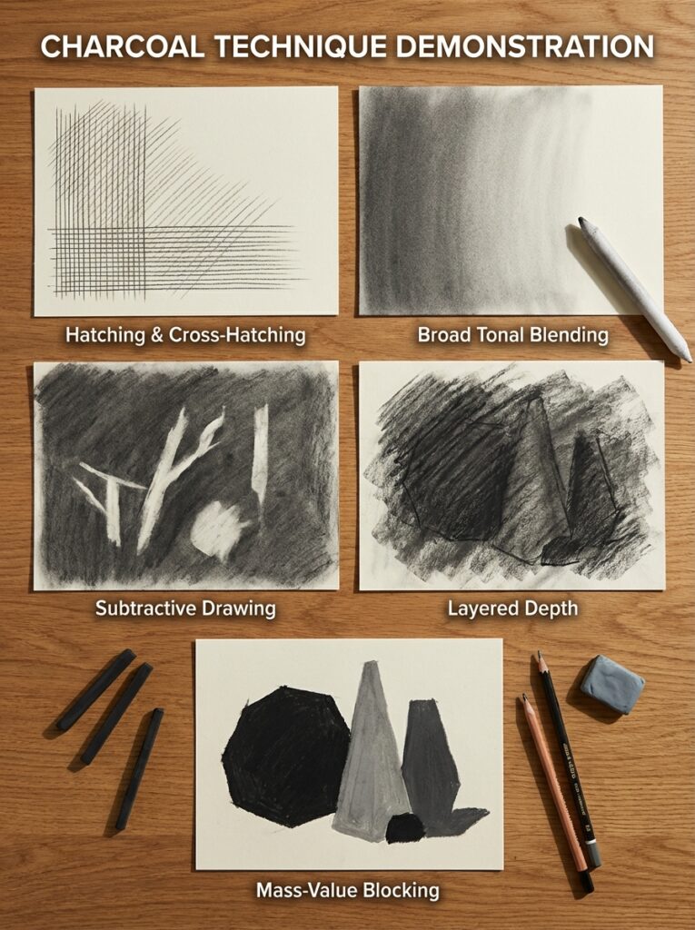 Charcoal demonstration: hatching, cross-hatching, tonal blending, subtractive drawing, layered depth, mass-value blocking.