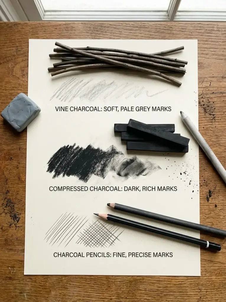 Charcoal types comparison: vine charcoal sticks, compressed charcoal blocks and charcoal pencils, swatches on paper
