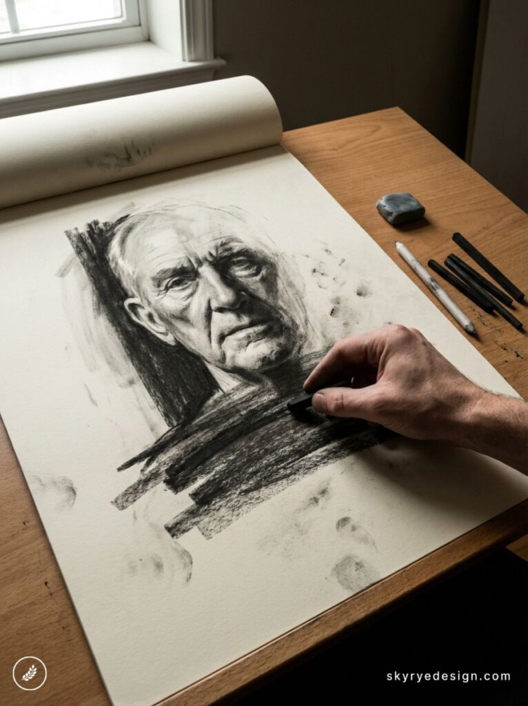 Artist's hand drawing a realistic charcoal portrait of an elderly man in a sketchbook, charcoal sticks and eraser nearby