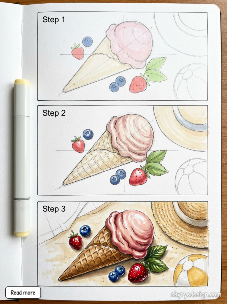 Watercolor step-by-step tutorial: strawberry ice cream cone drawing with waffle cone, blueberries, strawberries and sun hat.