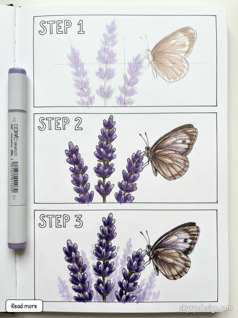 Three-step drawing tutorial of purple lavender stems and a brown butterfly colored with Copic markers.